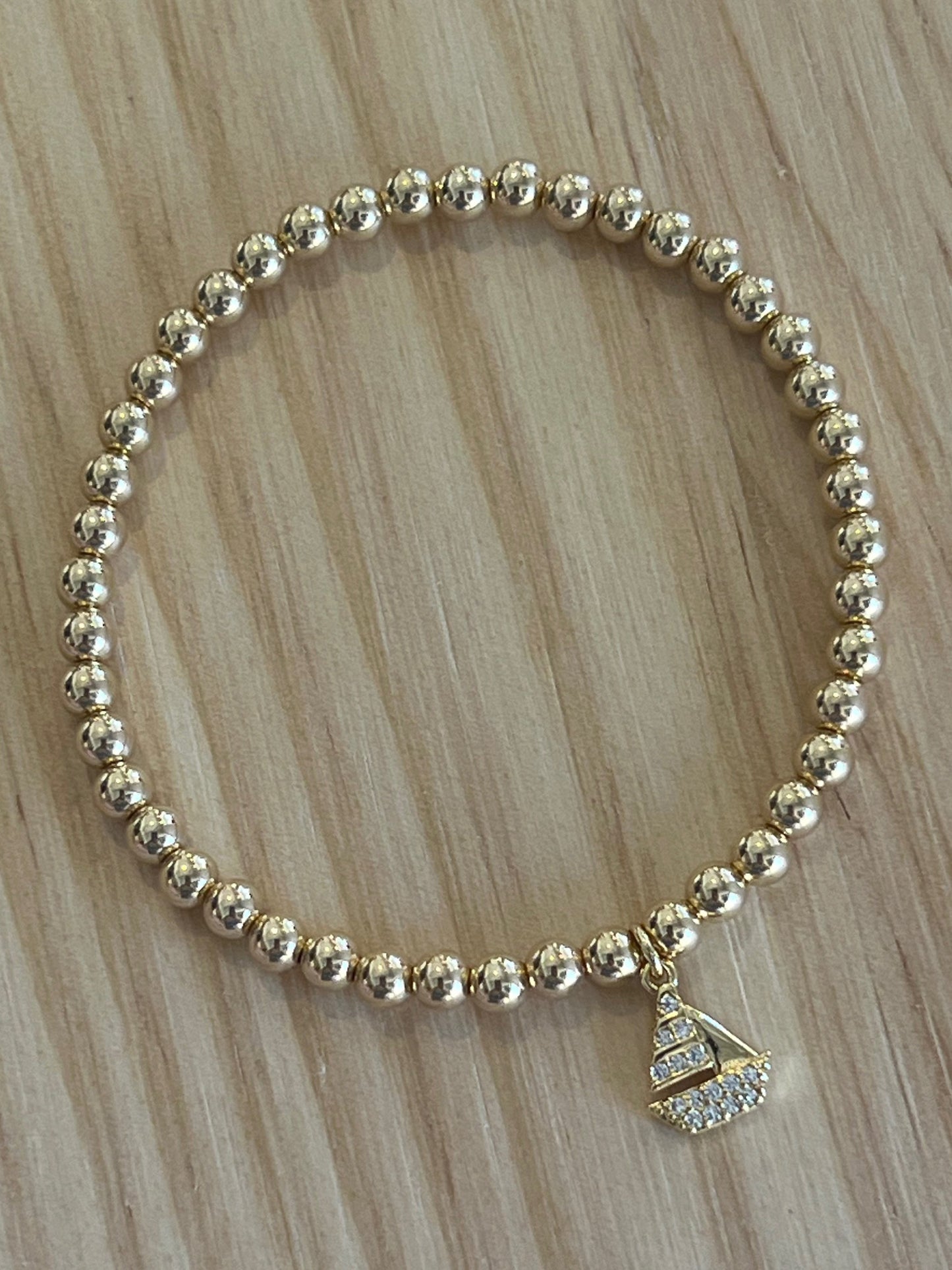 Mini CZ Boat Charm on 4mm  Beaded Bracelet